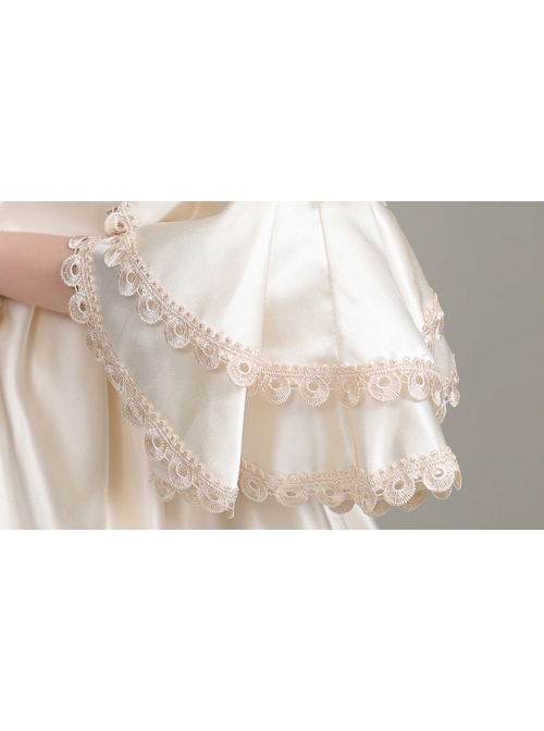 Light Champagne Square Collar Mid-length Trumpet Sleeve Lace Pearls Bow Decoration Simple Elegant Retro Court Style Lolita Prom Dress