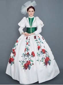 Unique Design Minority Red-green-white Three-color Contrast Large Hem With Roses In Bloom Court Style Long Sleeve Lolita Prom Dress