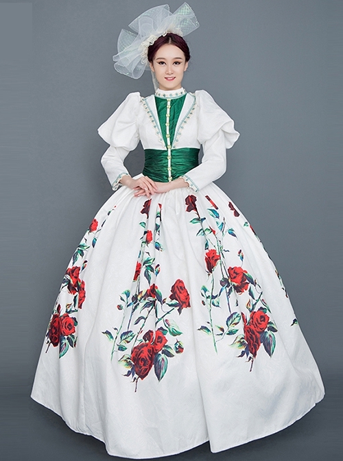 Unique Design Minority Red-green-white Three-color Contrast Large Hem With Roses In Bloom Court Style Long Sleeve Lolita Prom Dress