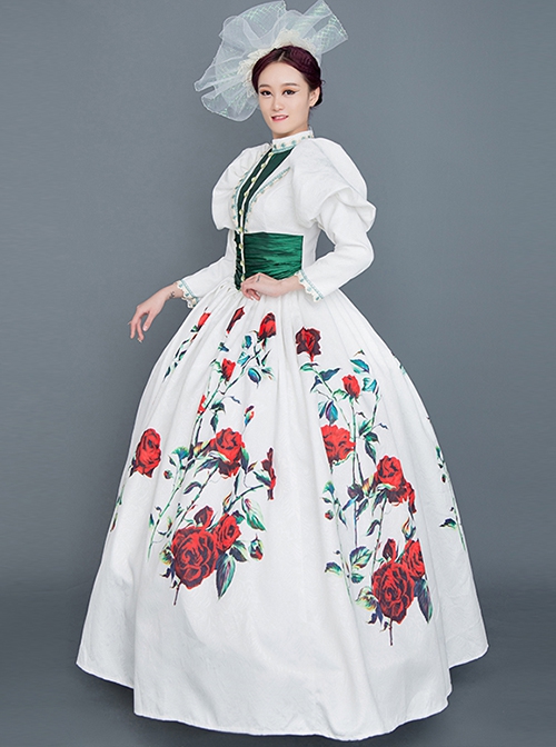 Unique Design Minority Red-green-white Three-color Contrast Large Hem With Roses In Bloom Court Style Long Sleeve Lolita Prom Dress