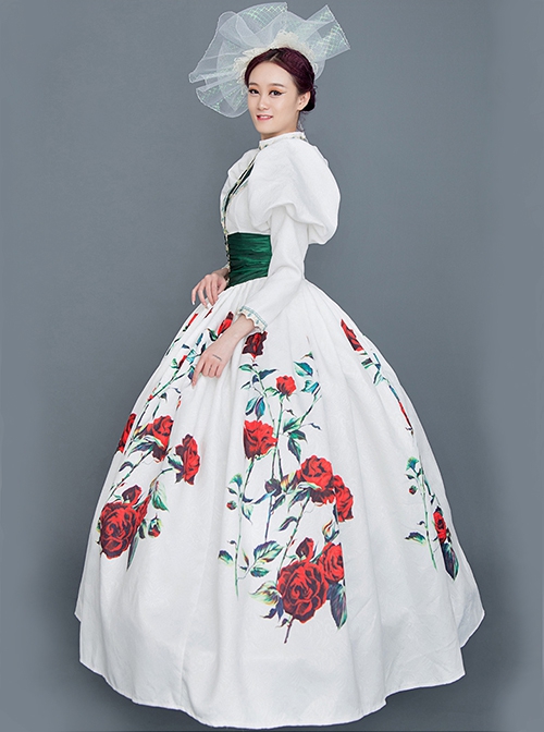 Unique Design Minority Red-green-white Three-color Contrast Large Hem With Roses In Bloom Court Style Long Sleeve Lolita Prom Dress