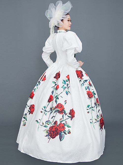 Unique Design Minority Red-green-white Three-color Contrast Large Hem With Roses In Bloom Court Style Long Sleeve Lolita Prom Dress