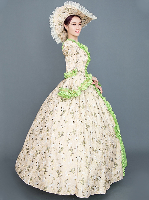 Tender Green Square Collar Long Sleeve Fresh Floral Hem Spring Outing Photograph Court Style Lolita Prom Dress