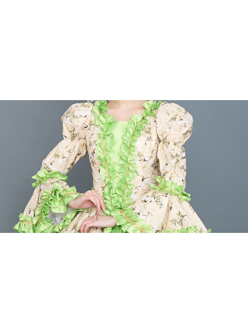 Tender Green Square Collar Long Sleeve Fresh Floral Hem Spring Outing Photograph Court Style Lolita Prom Dress