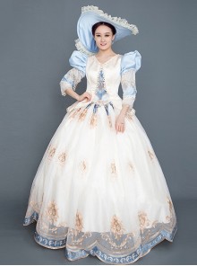 Blue Puff Sleeve Light Champagne Hem Lace Embroidery Classical Court Party Lolita Prom Dress