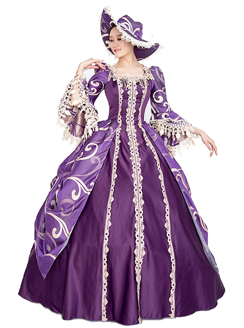 Noble Gorgeous Dark Purple Square Collar Long Sleeve Gold Edge Temperament Charming Court Style Lolita Prom Dress