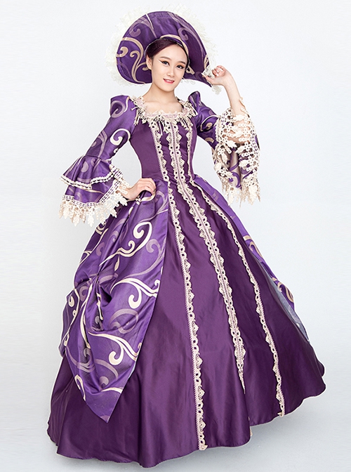 Noble Gorgeous Dark Purple Square Collar Long Sleeve Gold Edge Temperament Charming Court Style Lolita Prom Dress