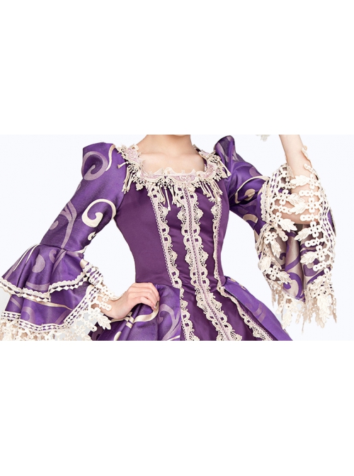 Noble Gorgeous Dark Purple Square Collar Long Sleeve Gold Edge Temperament Charming Court Style Lolita Prom Dress