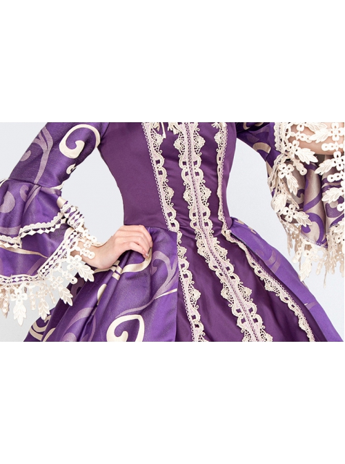 Noble Gorgeous Dark Purple Square Collar Long Sleeve Gold Edge Temperament Charming Court Style Lolita Prom Dress