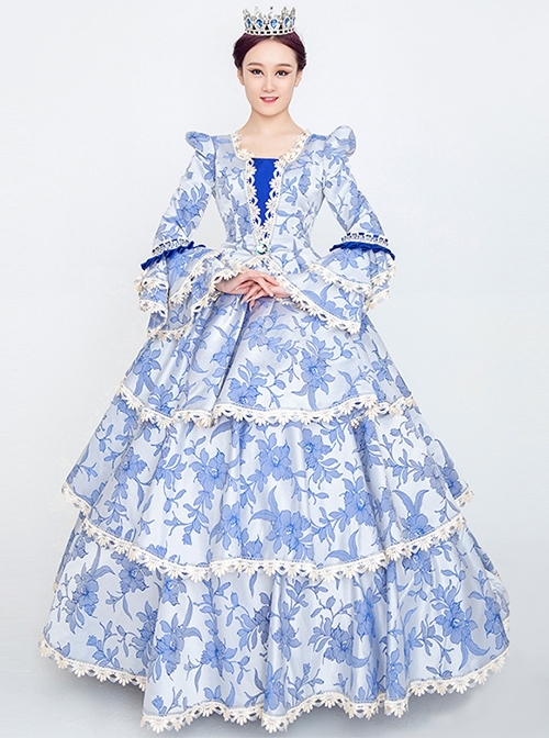 Fresh All Over Printing Elegant Blue Three-stage Hem Long Sleeve Retro Court Style Lolita Prom Dress
