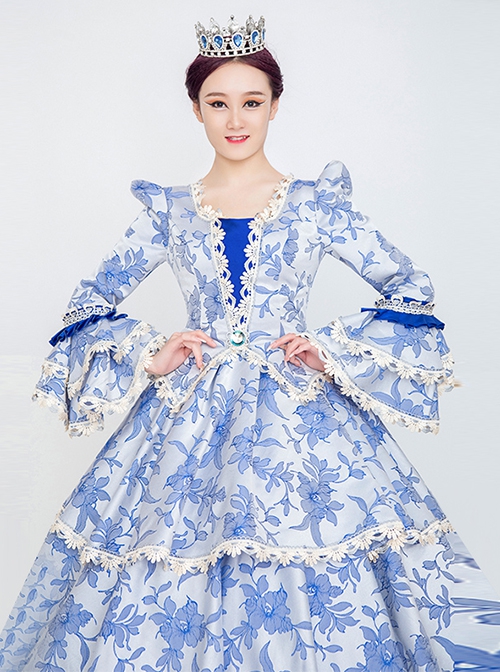 Fresh All Over Printing Elegant Blue Three-stage Hem Long Sleeve Retro Court Style Lolita Prom Dress