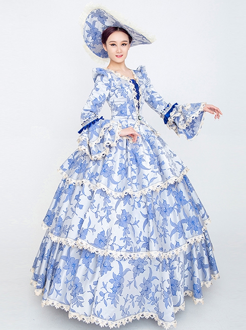 Fresh All Over Printing Elegant Blue Three-stage Hem Long Sleeve Retro Court Style Lolita Prom Dress