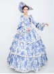 Fresh All Over Printing Elegant Blue Three-stage Hem Long Sleeve Retro Court Style Lolita Prom Dress