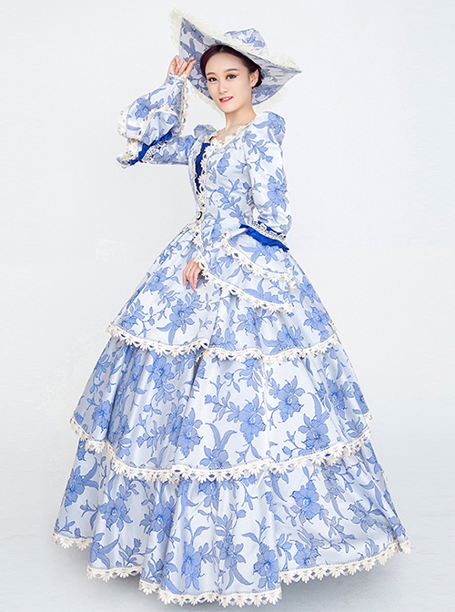 Fresh All Over Printing Elegant Blue Three-stage Hem Long Sleeve Retro Court Style Lolita Prom Dress