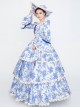 Fresh All Over Printing Elegant Blue Three-stage Hem Long Sleeve Retro Court Style Lolita Prom Dress