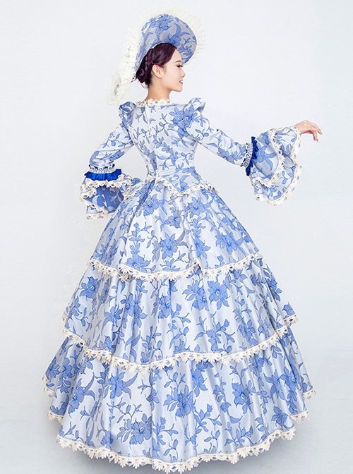 Fresh All Over Printing Elegant Blue Three-stage Hem Long Sleeve Retro Court Style Lolita Prom Dress