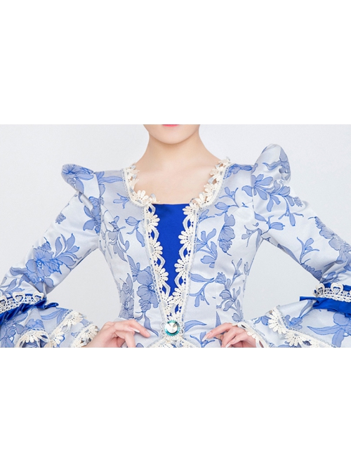 Fresh All Over Printing Elegant Blue Three-stage Hem Long Sleeve Retro Court Style Lolita Prom Dress