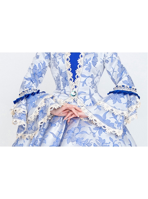 Fresh All Over Printing Elegant Blue Three-stage Hem Long Sleeve Retro Court Style Lolita Prom Dress