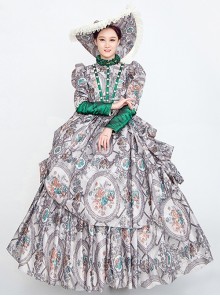 Retro Grey All Over Printing Stand Collar Grey-green Stitching Long Sleeve Pearls Decoration Lolita Prom Dress