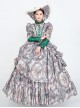 Retro Grey All Over Printing Stand Collar Grey-green Stitching Long Sleeve Pearls Decoration Lolita Prom Dress