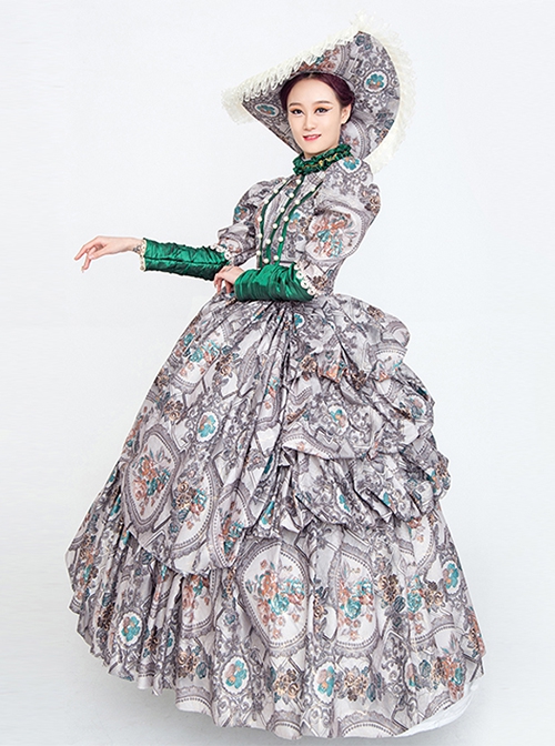 Retro Grey All Over Printing Stand Collar Grey-green Stitching Long Sleeve Pearls Decoration Lolita Prom Dress