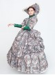 Retro Grey All Over Printing Stand Collar Grey-green Stitching Long Sleeve Pearls Decoration Lolita Prom Dress