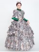 Retro Grey All Over Printing Stand Collar Grey-green Stitching Long Sleeve Pearls Decoration Lolita Prom Dress