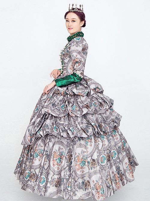 Retro Grey All Over Printing Stand Collar Grey-green Stitching Long Sleeve Pearls Decoration Lolita Prom Dress