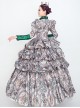 Retro Grey All Over Printing Stand Collar Grey-green Stitching Long Sleeve Pearls Decoration Lolita Prom Dress