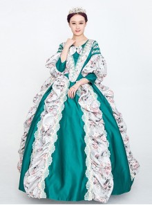 Retro Green Neckline Printed Bow Mid-length Trumpet Sleeve European Court Lolita Prom Dress