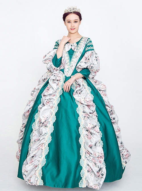 Retro Green Neckline Printed Bow Mid-length Trumpet Sleeve European Court Lolita Prom Dress