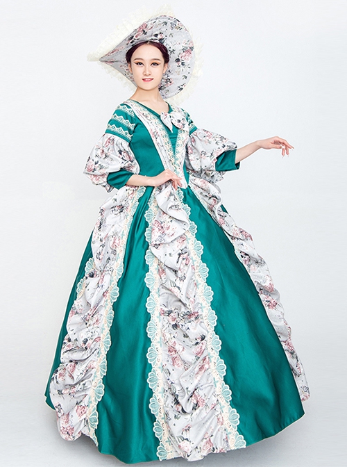 Retro Green Neckline Printed Bow Mid-length Trumpet Sleeve European Court Lolita Prom Dress