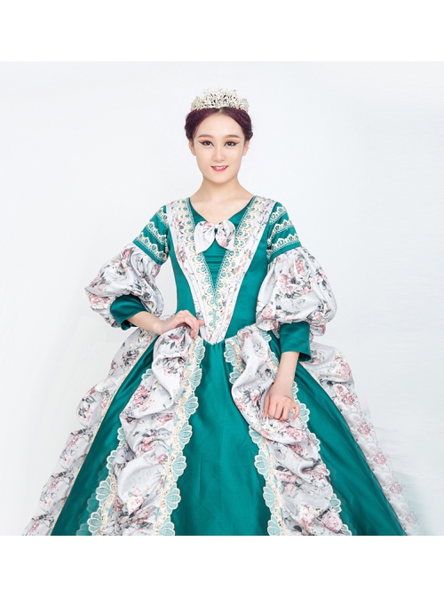 Retro Green Neckline Printed Bow Mid-length Trumpet Sleeve European Court Lolita Prom Dress