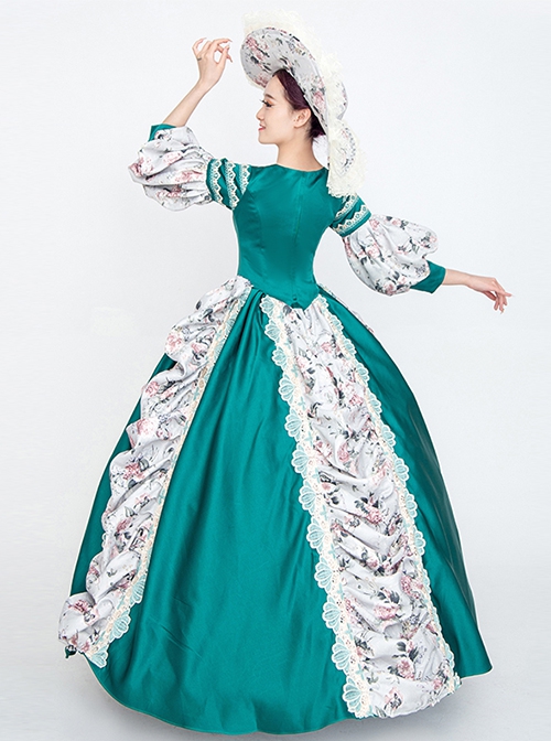 Retro Green Neckline Printed Bow Mid-length Trumpet Sleeve European Court Lolita Prom Dress