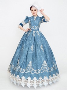 Medieval Retro Gentle Light Blue Chic Neckline Mid-length Sleeves Lace Embroidery Lolita Prom Dress