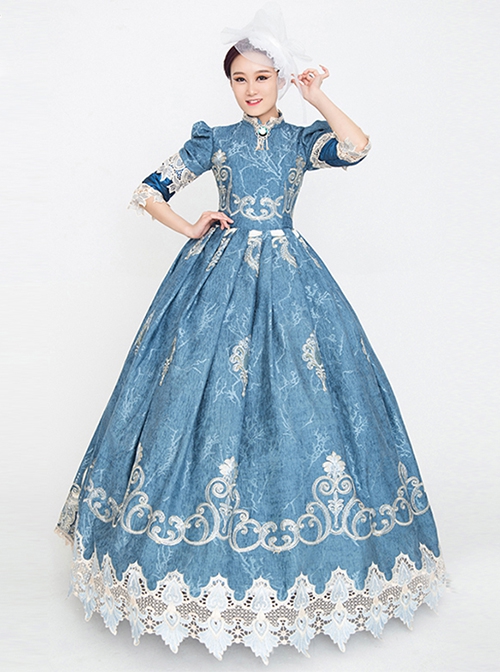 Medieval Retro Gentle Light Blue Chic Neckline Mid-length Sleeves Lace Embroidery Lolita Prom Dress