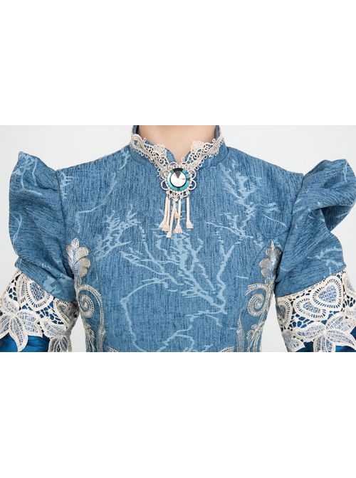 Medieval Retro Gentle Light Blue Chic Neckline Mid-length Sleeves Lace Embroidery Lolita Prom Dress