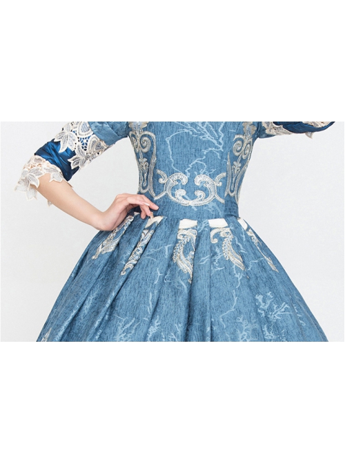 Medieval Retro Gentle Light Blue Chic Neckline Mid-length Sleeves Lace Embroidery Lolita Prom Dress