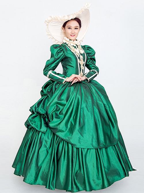 Dark Green Stand Collar Long Sleeve Fluffy Trailing Hem Retro Court Prom Lolita Dress