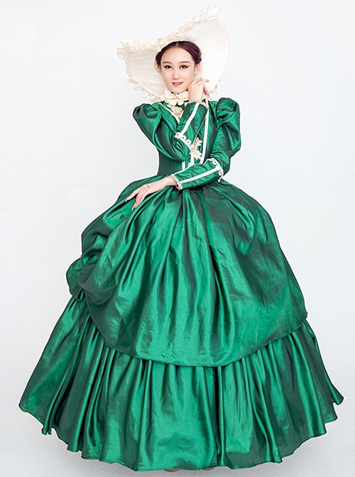 Dark Green Stand Collar Long Sleeve Fluffy Trailing Hem Retro Court Prom Lolita Dress