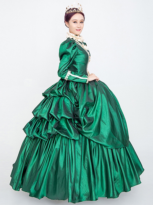 Dark Green Stand Collar Long Sleeve Fluffy Trailing Hem Retro Court Prom Lolita Dress