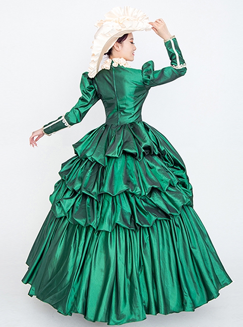 Dark Green Stand Collar Long Sleeve Fluffy Trailing Hem Retro Court Prom Lolita Dress