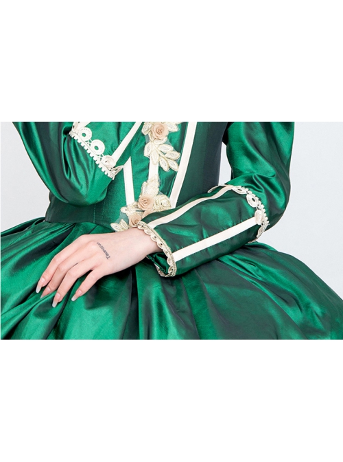 Dark Green Stand Collar Long Sleeve Fluffy Trailing Hem Retro Court Prom Lolita Dress