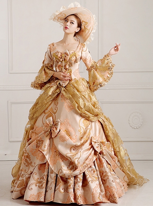 Medieval Retro Elegant Beige Square Collar Long Sleeve Lace Sequins Trailing Hem Classical Court Lolita Prom Dress