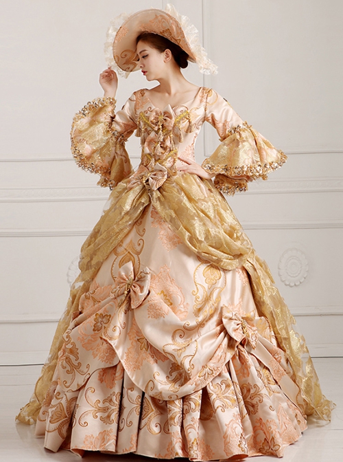 Medieval Retro Elegant Beige Square Collar Long Sleeve Lace Sequins Trailing Hem Classical Court Lolita Prom Dress