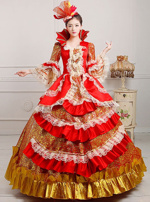 Long Red Lace Long Sleeve Festival Celebration Happy Atmosphere European Retro Lolita Prom Dress