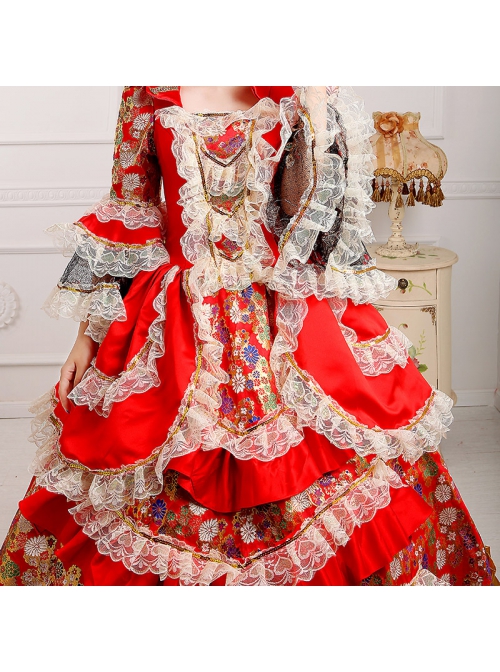 Long Red Lace Long Sleeve Festival Celebration Happy Atmosphere European Retro Lolita Prom Dress