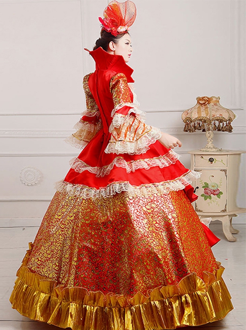 Long Red Lace Long Sleeve Festival Celebration Happy Atmosphere European Retro Lolita Prom Dress