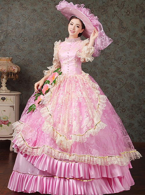 Spring Gentle Pink Hollow Out Mid-length Puff Sleeve Lace Pearls Embroidered Flowers Classical Lolita Prom Dress