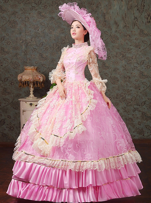 Spring Gentle Pink Hollow Out Mid-length Puff Sleeve Lace Pearls Embroidered Flowers Classical Lolita Prom Dress